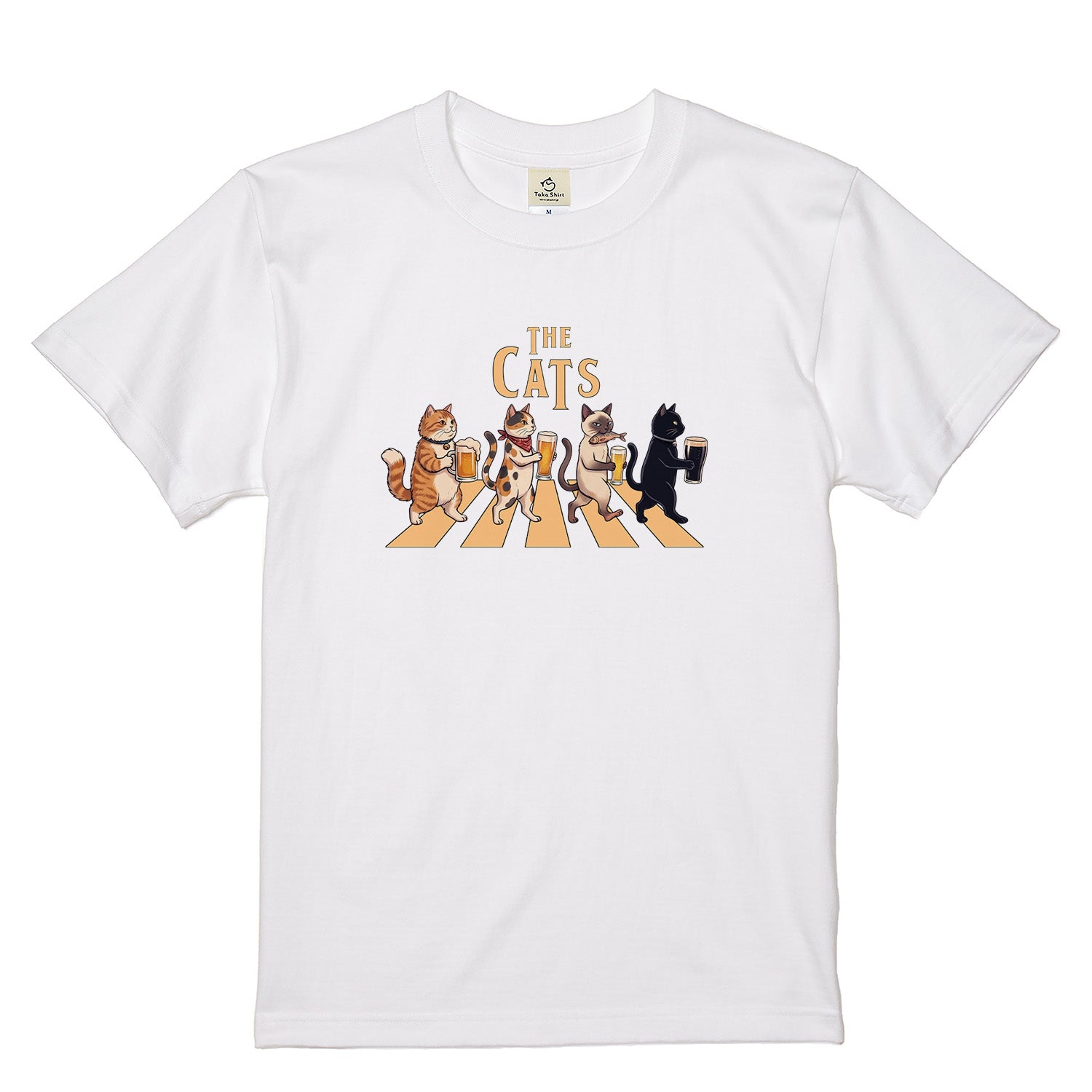 THE CATS | 猫たちの乾杯パレード 横断歩道 ゆるかわパロディTシャツ【愛猫家・ビール好き・ギフトに最適】